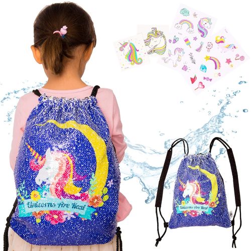  Little Jupiter Water Resistant Unicorn Reversible Sequin Drawstring Girls Drawstring Backpack - Beach Bag - Kids daypack - Unicorn Bag - Dance Bag