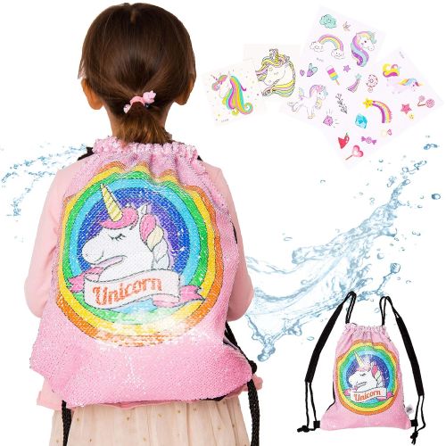  Little Jupiter Water Resistant Unicorn Reversible Sequin Drawstring Girls Drawstring Backpack - Beach Bag - Kids daypack - Unicorn Bag - Dance Bag