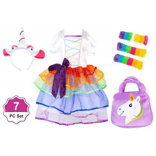  Little Jupiter Rainbow Unicorn Girls Party Dress 7PC Cosplay Costumes Pageant for Girls Unicorn Birthday Party 4 to 9 Yr