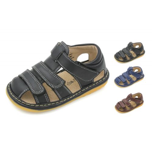  Little Mae Little MAE’S Toddler Boy Sandals | Brown, Black or Navy Blue Closed Toe Adjustable Strap Squeaky Sandals | Premium Quality (Removable Squeakers)