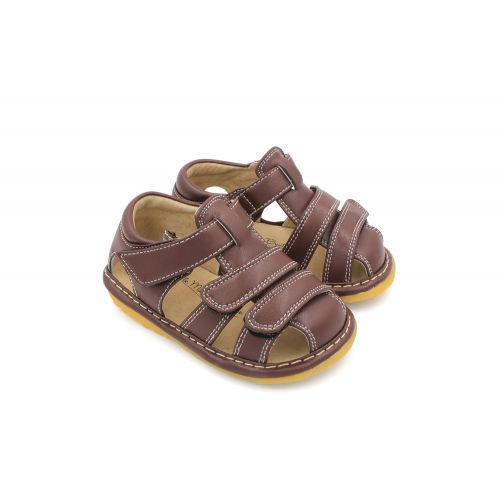  Little Mae Little MAE’S Toddler Boy Sandals | Brown, Black or Navy Blue Closed Toe Adjustable Strap Squeaky Sandals | Premium Quality (Removable Squeakers)