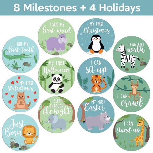  Little Moments Baby Monthly Stickers | Zoo Animals Baby Milestone Stickers | Jungle Newborn Boy or Girl Stickers | Month Stickers for Baby Boy | Gender Neutral | Unisex Safari Newborn Monthly Mil