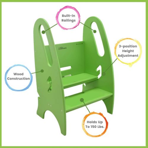  Little Partners The Growing Step Stool Adjustable Height Nursery, Kitchen or Bathroom Footstool - Wooden Non-Tip Design for Both Toddlers & Adults (Supports Up to 150lbs) (Apple Gr