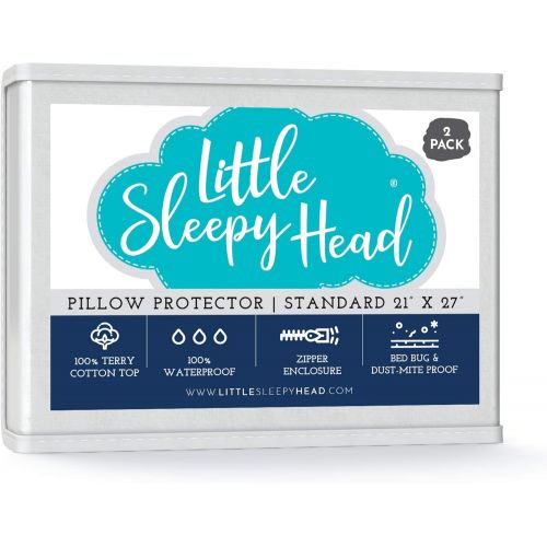  Little Sleepy Head Waterproof, Zippered Standard Pillow Protectors, Set of 2, Terry Cotton, 100% Hypoallergenic Pillow Covers Protect from Allergens, Bed Bugs, Dust Mites, Moisture