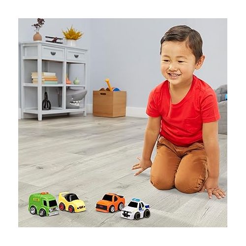  Little Tikes My First Cars Crazy Fast Cars 4-Pack Series 5 - Garbage Truck (Recycle), Race Car (Yellow), Muscle Car (Orange), Police Car (International), Pullback Toy Car Vehicles