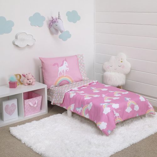  Little Tikes Rainbow Unicorn 4 Piece Toddler Bedding Set, Pink