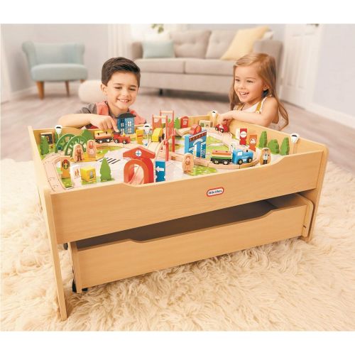  Little Tikes Real Wooden Train Table Set for Kids, Deluxe Over 80Piece Hand Painted Wooden Set with Tracks, Trains & Accessories