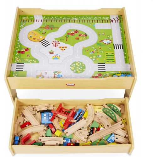  Little Tikes Real Wooden Train Table Set for Kids, Deluxe Over 80Piece Hand Painted Wooden Set with Tracks, Trains & Accessories