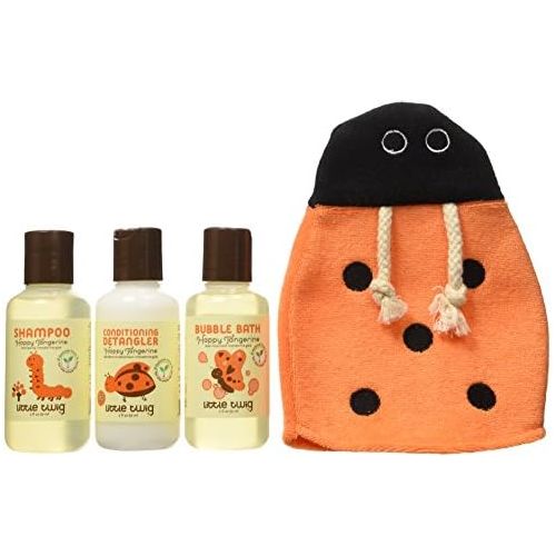  Little Twig All Natural, Hypoallergenic Baby Travel Basics 4 Piece Gift Set with Ladybug Bath Mitt, Happy Tangerine Scent, 2 Ounce Bottles