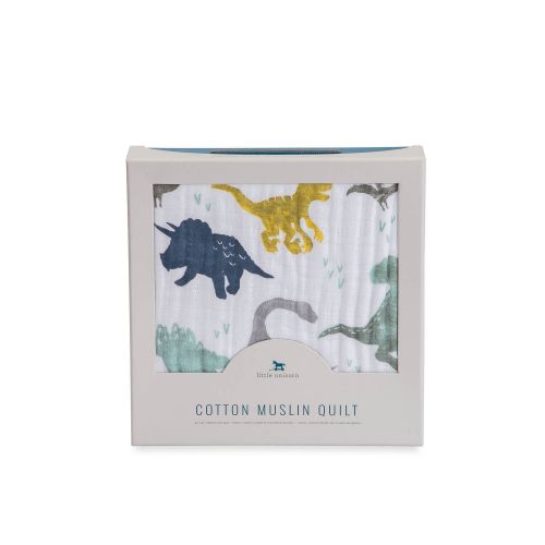  Little Unicorn Cotton Muslin Blanket Quilt- Dino Friends, Blue, Green, Navy