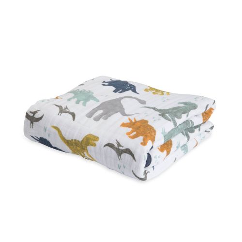  Little Unicorn Cotton Muslin Blanket Quilt- Dino Friends, Blue, Green, Navy