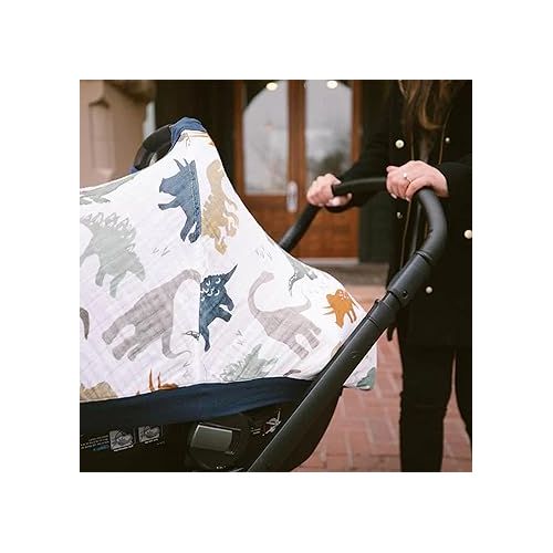  Little Unicorn 100% Cotton Muslin Car Seat Canopy | Super Soft Lightweight Cover with Window | Breathable | Magnetic Closure | Baby and Infant | Machine Washable | Shower Gift | Dino Friends