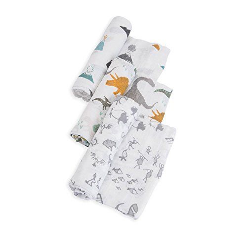  Little Unicorn Cotton Muslin Swaddle Blankets 3 Pack - Dino Friends