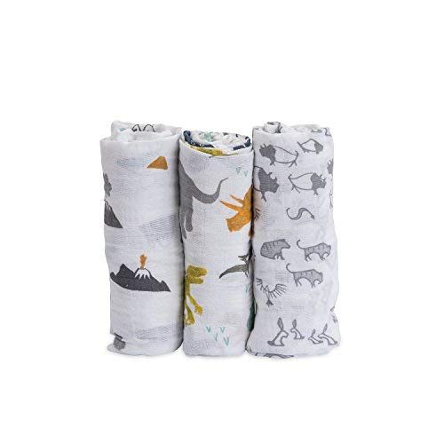  Little Unicorn Cotton Muslin Swaddle Blankets 3 Pack - Dino Friends