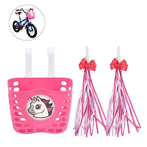  Little World Kids Bike Basket, Front Handlebar Bicycle Basket with 1 Pair Bike Streamers Bike Accessories for Girls and Boys