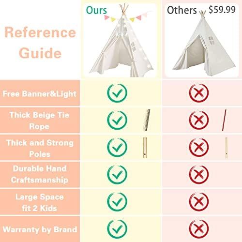  [아마존베스트]little dove Kids Foldable Teepee Play Tent with Carry Case, Banner, Fairy Lights, Feathers, Floor Mat , Four Ploes Style Raw White Color - New Version