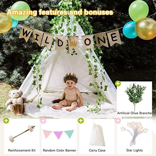  [아마존베스트]little dove Kids Foldable Teepee Play Tent with Carry Case, Banner, Fairy Lights, Feathers, Floor Mat , Four Ploes Style Raw White Color - New Version