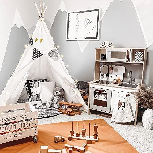  [아마존베스트]little dove Kids Foldable Teepee Play Tent with Carry Case, Banner, Fairy Lights, Feathers, Floor Mat , Four Ploes Style Raw White Color - New Version