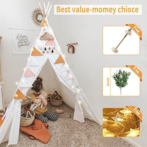  [아마존베스트]little dove Kids Foldable Teepee Play Tent with Carry Case, Banner, Fairy Lights, Feathers, Floor Mat , Four Ploes Style Raw White Color - New Version