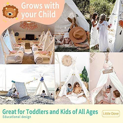  [아마존베스트]little dove Kids Foldable Teepee Play Tent with Carry Case, Banner, Fairy Lights, Feathers, Floor Mat , Four Ploes Style Raw White Color - New Version