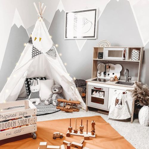  [아마존베스트]little dove Kids Foldable Teepee Play Tent with Carry Case, Banner, Fairy Lights, Feathers, Floor Mat , Four Ploes Style Raw White Color - New Version