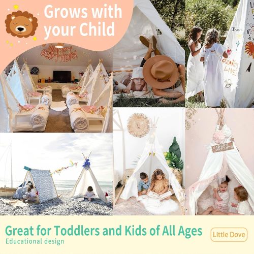  [아마존베스트]little dove Kids Foldable Teepee Play Tent with Carry Case, Banner, Fairy Lights, Feathers, Floor Mat , Four Ploes Style Raw White Color - New Version