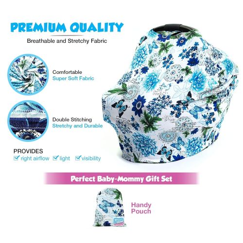  LittleGiggle 5-in-1 Nursing Cover Carseat Canopy | Multi-Use Breastfeeding Cover Scarf, Stretchy Baby Car Seat Covers, Stroller, Carseat Cover Blue for Girls & Boys,Perfect Shower Gifts  Flora