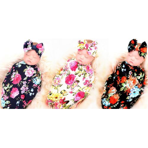  LittleJump 3 Sets Nerborn Receiving Blanket and Headband Set Flower Print Baby Swaddle Wrap Floral Baby Blankets for Girls and Boys.