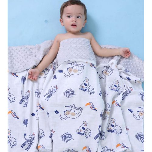  LittleJump Oversized 56x 44 Muslin Toddler Blanket with Soft Minky Dotted Backing, Unisex Baby Blanket for Boys and Girls. (Grey)