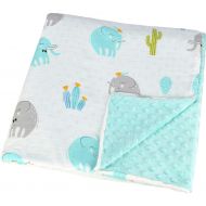 LittleJump Oversized 56x 44 Muslin Toddler Blanket with Soft Minky Dotted Backing, Reversible Cactus & Elephant Print Baby Blanket for Boys. (Cactus & Elephant)