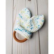 /LittleLoveyCrochet Wooden Teething Ring with Crochet Bunny Ears | Natural Teething Ring | Teether Toy | Teething Ring with Removable Cotton Bunny Ears