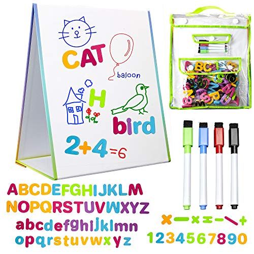  [아마존베스트]LittleMag Magnetic Easel and Whiteboard for Kids  4 Dry Erase Markers, 72 Magnet Numbers and Letters, and Bonus Carrying Bag  Table Top Educational Children’s Play Set