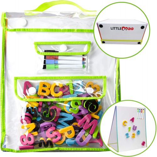  [아마존베스트]LittleMag Magnetic Easel and Whiteboard for Kids  4 Dry Erase Markers, 72 Magnet Numbers and Letters, and Bonus Carrying Bag  Table Top Educational Children’s Play Set
