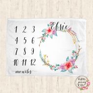 /LittlePeonyCo Baby Monthly Milestone Blanket - Floral Receiving Blanket Birthday Gift Photo Prop Monthly Milestone Blanket - 30x40, 50x60, 60x80