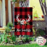 LittlePeonyCo Personalized Garden Flag - Antler and Floral Bouquet Flannel Custom Yard Flag