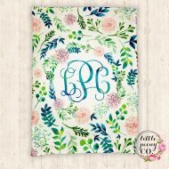 LittlePeonyCo Monogram Personalized Floral Print Blanket - Super Plush Minky Blanket with Watercolor Floral Flower Wreath - 30x40, 50x60, 60x80