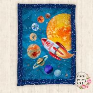 LittlePeonyCo Personalized Solar System Name Blanket - Custom Minky Blanket with Galaxy and Rocket Print - 30x40, 50x60, 60x80
