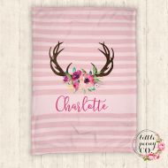 LittlePeonyCo Personalized Blanket - Baby Blanket - Personalized Baby Blanket - Floral Antlers - Rustic Chic Blanket - Throw Blanket - Personalized Gifts