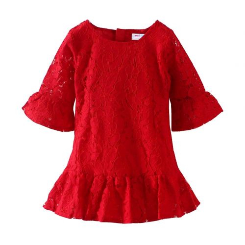  LittleSpring Girls Red Floral Lace Dress Summer Rose Party Dress