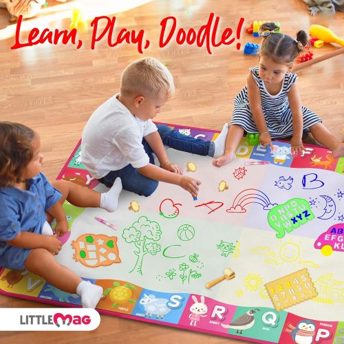  [아마존베스트]LittleMag Aqua Magic Doodle Mat for Kids - 60x40 Inch Water Drawing Canvas - Fun and Educational Alphabet Coloring Pad with Brushes, Stamps, Stencils, Carry Case - Reusable, Mess F