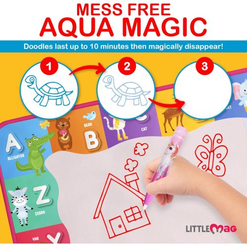 [아마존베스트]LittleMag Aqua Magic Doodle Mat for Kids - 60x40 Inch Water Drawing Canvas - Fun and Educational Alphabet Coloring Pad with Brushes, Stamps, Stencils, Carry Case - Reusable, Mess F