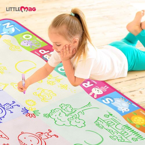  [아마존베스트]LittleMag Aqua Magic Doodle Mat for Kids - 60x40 Inch Water Drawing Canvas - Fun and Educational Alphabet Coloring Pad with Brushes, Stamps, Stencils, Carry Case - Reusable, Mess F