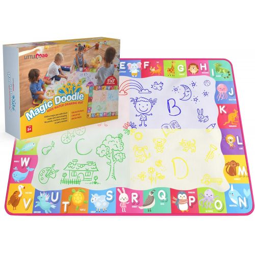  [아마존베스트]LittleMag Aqua Magic Doodle Mat for Kids - 60x40 Inch Water Drawing Canvas - Fun and Educational Alphabet Coloring Pad with Brushes, Stamps, Stencils, Carry Case - Reusable, Mess F