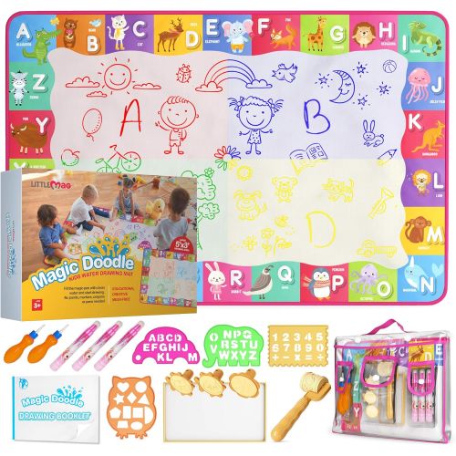  [아마존베스트]LittleMag Aqua Magic Doodle Mat for Kids - 60x40 Inch Water Drawing Canvas - Fun and Educational Alphabet Coloring Pad with Brushes, Stamps, Stencils, Carry Case - Reusable, Mess F