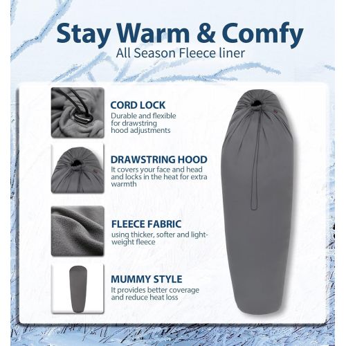  Litume All Season Sleeping Bag Liner Adds Up to 27F, Lightweight Mummy Sleeping Sack for Backpacking, Camping, Traveling with Drawstring Hood and Stuff Sack