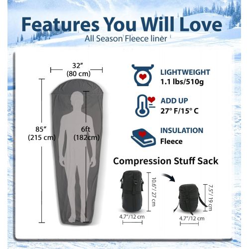  Litume All Season Sleeping Bag Liner Adds Up to 27F, Lightweight Mummy Sleeping Sack for Backpacking, Camping, Traveling with Drawstring Hood and Stuff Sack