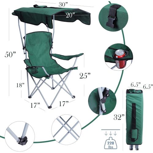  Livebest Portable Camping Chairs with Shade Canopy Original Green-Armrest Cup Holder & Carry Bag Folding Chairs for Outdoor Camping Hiking Beach, Heavy Duty 220lbs,30”Lx17”Wx50”H