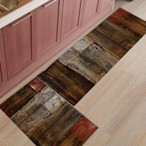  Livencher Non Slip Kitchen Mats and Rugs,23.6x35.4in+23.6x70.9in Retro Wood Grain Indoor Floor Area Rug Low Profile Absorbent Runner for Home Bathroom Bath Bedroom