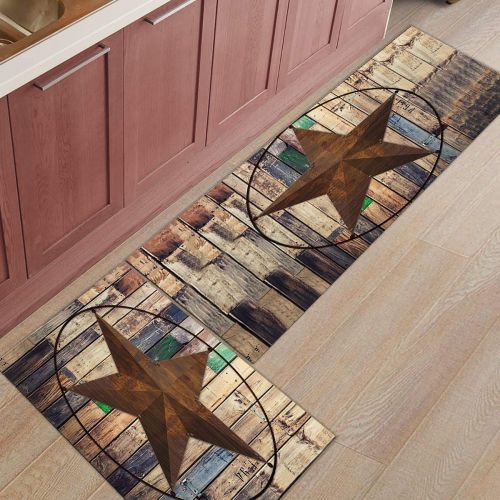  Livencher Non Slip Kitchen Mats and Rugs,19.7x31.5in+19.7x63in Rustic Vintage Star on Wooden Indoor Floor Area Rug Low Profile Absorbent Runner for Home Bathroom Bath Bedroom