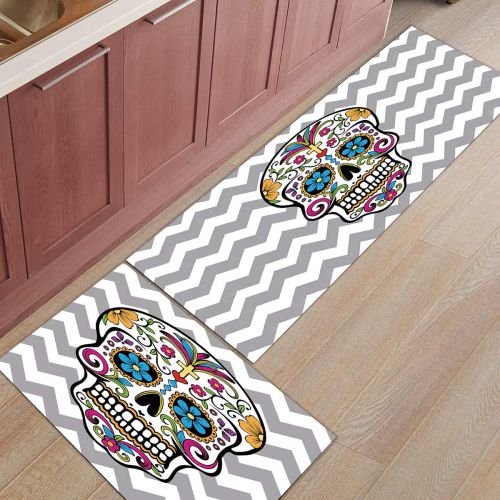  Livencher Non Slip Kitchen Mats and Rugs,15.7x23.6in+15.7x47.2in Chevron Sugar Skull Indoor Floor Area Rug Low Profile Absorbent Runner for Home Bathroom Bath Bedroom